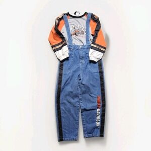 Y2k Harley-Davidson Kids Denim Bib Overalls & Long Sleeve Racing Set Size 7